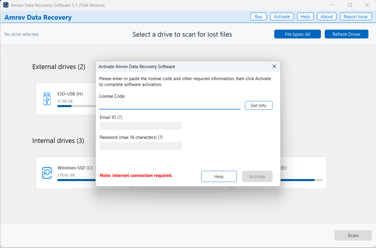 Amrev Data Recovery Software activation screen