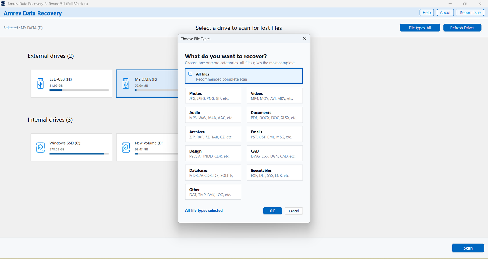 Choose photos, video, audio, documents, and other file types to recover
