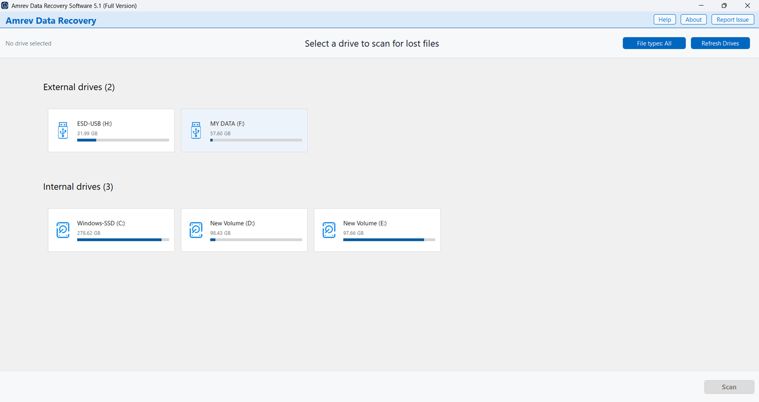 Amrev Data Recovery home screen showing available internal and external drives