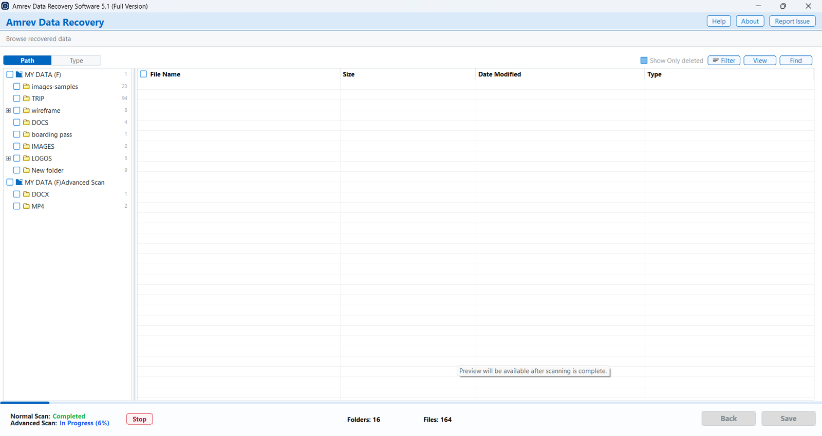 Data recovery scan in progress with discovered folders displayed