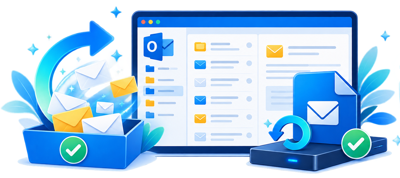 Illustration of Outlook email, PST file, and password recovery