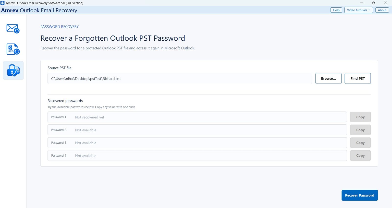 Select the Outlook PST password recovery option