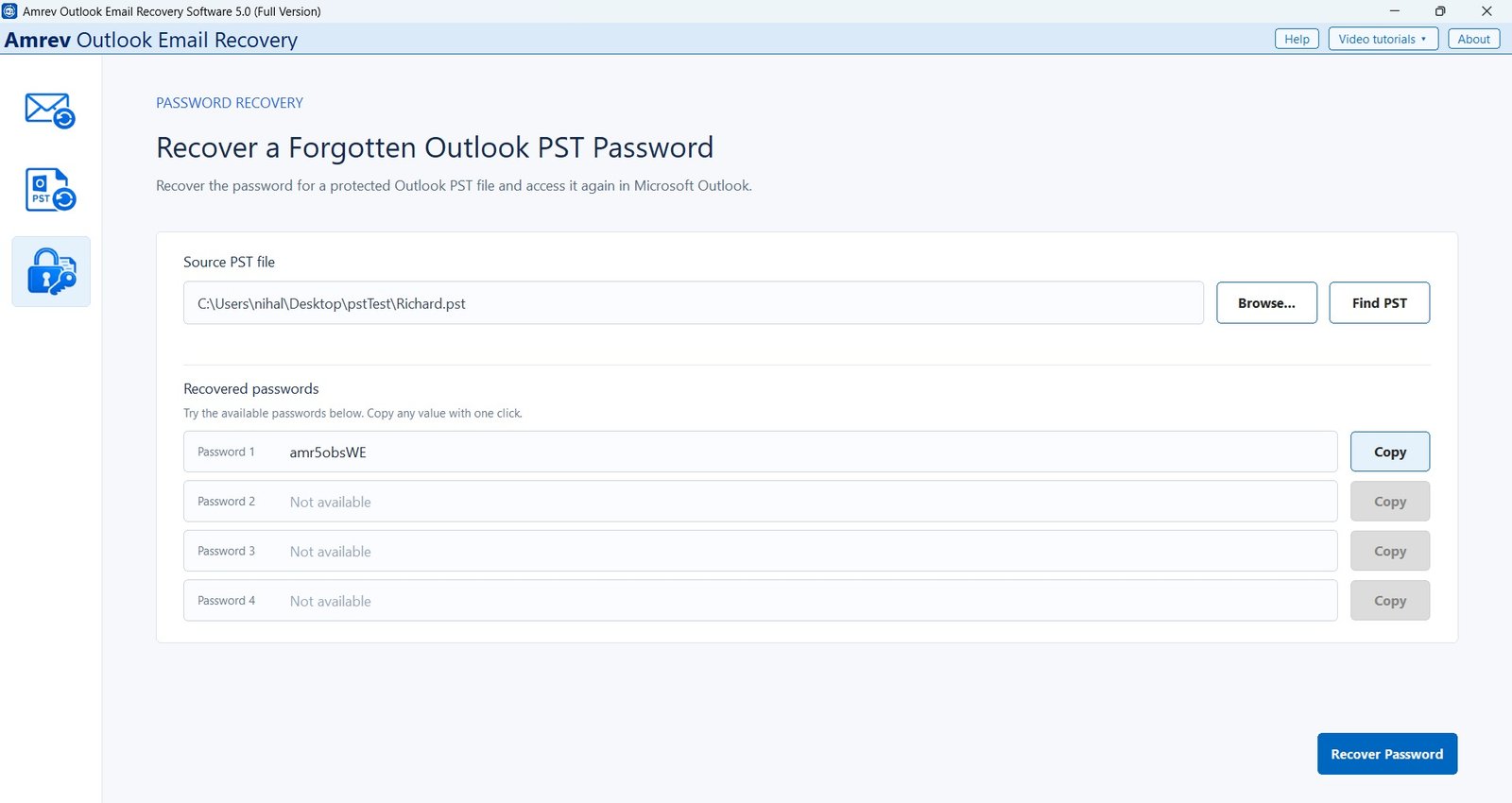View recovered Outlook PST password results