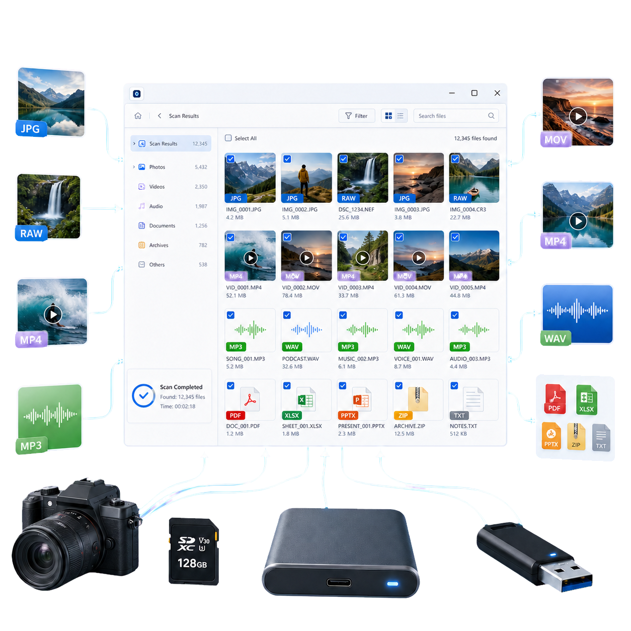 Data recovery for JPG and RAW photos, MP4 and MOV videos, MP3 and WAV audio, documents, and archives from cameras, SD cards, external drives, and USB devices