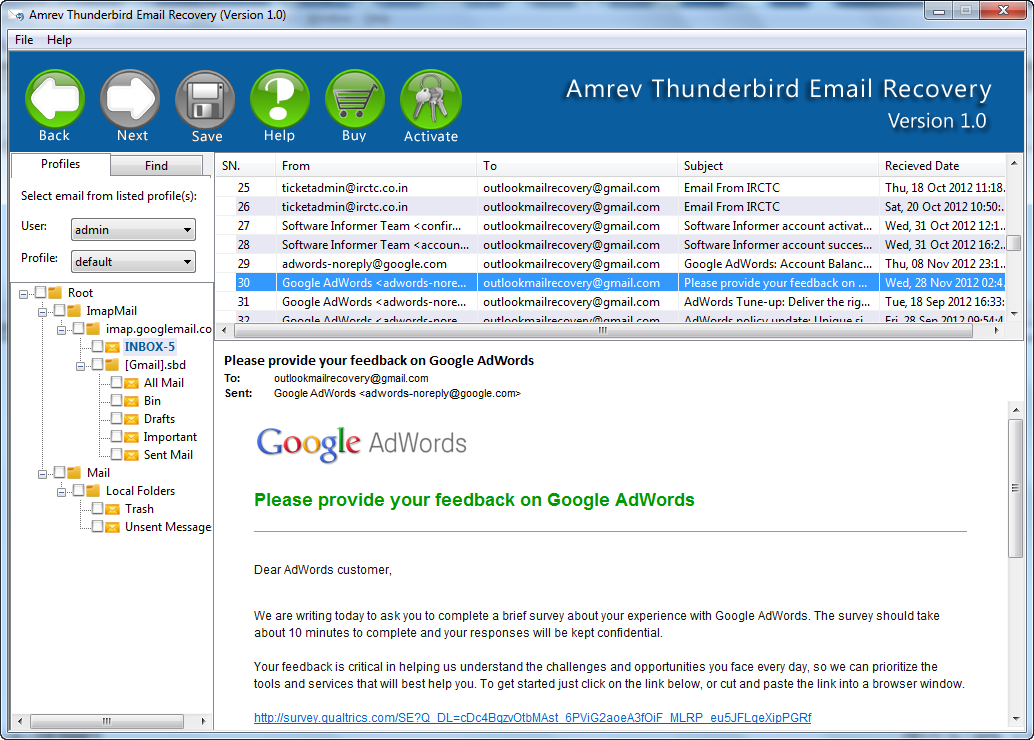 Preview recovered Thunderbird emails